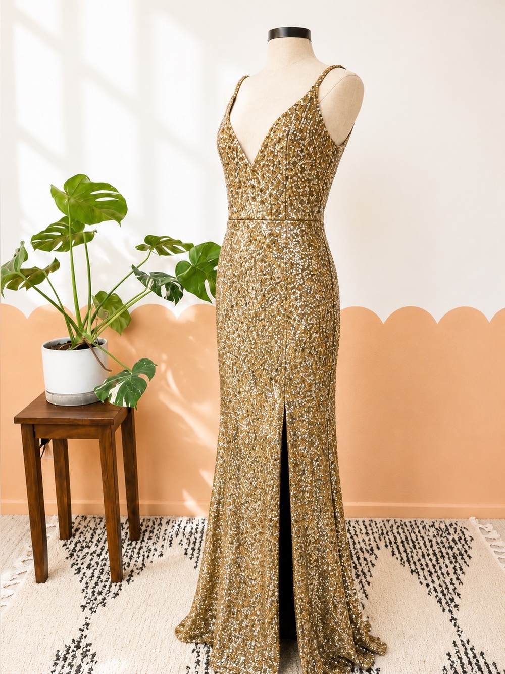 Mac Duggal Gold Sequin V‑Neck Slit Evening Gown